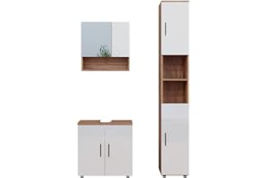 Vicco Set di mobili da bagno Irma, Rovere/Bianco lucido, 3 parti, con colonna