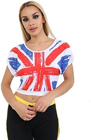 Love Celeb Look Women's Crop Union Jack Print Short Sleeve Top (White, M/L)