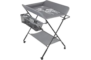 BUTUN Table a Langer Pliable et Portable avec Panier Rangement, Table à Langer avec 4 roues et Ceinture de Sécurité, Réglable en Hauteur, 80 x 66 x 98 cm (Gris)