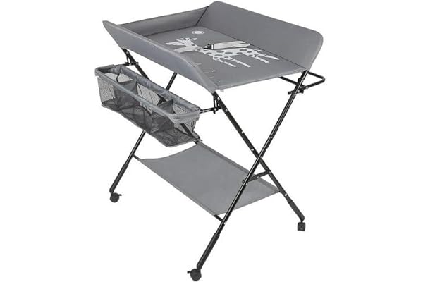 Table a Langer Pliable et Portable avec Panier Rangement, Table à Langer avec 4 roues et Ceinture de Sécurité, Réglable en Hauteur, 80 x 66 x 98 cm (Gris)