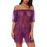 UnterwäSche Damen Set,Klassische BHS für Damen,Babydoll Nachthemd Lingerie Damen Sexy Transparent Sleepwear,Lila,2XL