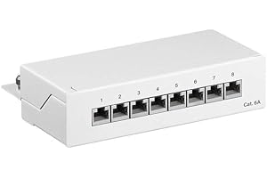 Goobay 62067 CAT 6A Patch Panel 8 Port / RJ45 Buchsen Netzwerkstecker / 500 MHz LAN Patchfeld / 1 HE Verteilerfeld/Mini Desktop Patchpanel Wandmontage/Weiß
