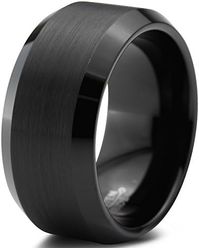 Tungsten Wedding Band Ring 10mm for Men Women Comfort Fit Black Beveled Edge Brushed Polished Lifetime Guarantee Size U 1/2