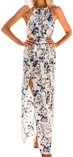Womens Dresses,Fashion Sexy Women Bohemia Maxi Dress Halter Neck Floral Print Sleeveless Summer Beach Long Slip Holiday Party Beach Dress (M, White)
