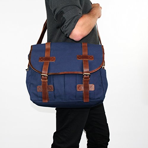Sid   Vain Messenger Bag Chase- Umhaengetasche Gross - Notebook-Tasche Echt Canvas-Leder Blau-Braun