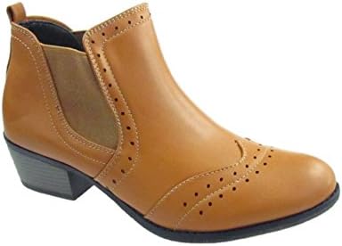 LADIES CHELSEA BROUGUE BOOTS BLOCK HEEL SMART OFFICE SHOES TAN SIZE 3-8 (6)