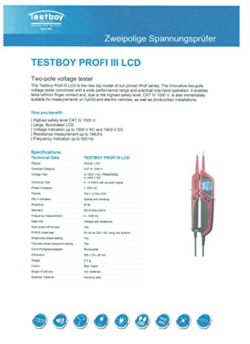 Testboy® Profi III LCD 3 Zweipoliger Spannungsprüfer mit LCD-Anzeige EAN 4028532200299 inkl. Aufbewahrungstasche FI-Test Spannungsprüfung geeignet auch für Elektrofahrzeuge Photovoltaikanlagen - 8