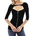 Produktbild ZEZKTReizvolle Damen Bluse V-Ausschnitt Oberteile mit Reißverschluss Stretch T-Shirt Sommerblusen Rundhals Ausschnitt Lose Hemd Locker Casual Oversize Oberteil Solide Blusen Streetwear (S, Schwarz)