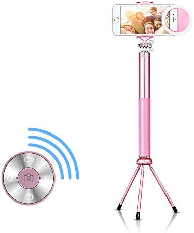 Bluetooth Selfie Stick, Posunitech Bluetooth Wireless Tripod Leather Selfie Stick with Bluetooth Remote Control, Led Selfie Ring Light Included for iPhone 6s/6s Plus/6/6 Plus, Android Smartphones (Rose Gold)