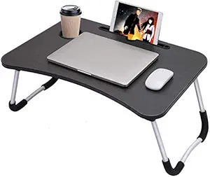 BAYBEE Home Multifunctional Kids Study Laptop Table with Dock Stand, Table/Bed Table for Breakfast, Table with Cup Holder, Foldable and Portable/Ergonomic and Rounded Edges/Non-Slip Legs (Black)