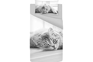 CosìCasa Sacco Copripiumino Singolo Cotone 100% [155X200 + 40 Cm] | Sacco Piumone Singolo Moderno Stampa Gatto | Parure Copripiumino e Federe [50x80] Completo 1 Piazza