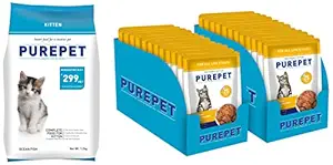 Purepet Kitten(1-12 Months) Dry Cat Food, Ocean Fish - 1.2kg & All Life Stages Wet Cat Food, Real Tuna and Chicken Liver in Gravy, 24 Pouches (24 x 70g)