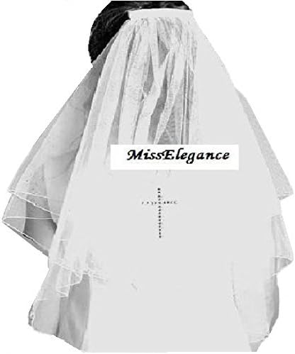Communion veil. Girls First Communion veil with SINGLE DIAMONTE CROSS 2 tier Veil 1st tier 15" 2nd Tier 20" (white)
