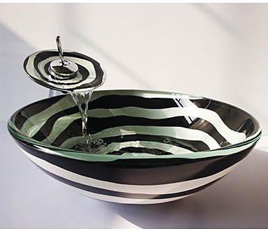 HFaucet® The Black and White Spiral Round Tempered Glass Vessel Sink with Waterfall tap ,Pop - Up Drain and Mounting Ring