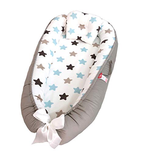 Preisvergleich Produktbild TEALP Babynest Multifunktionales Nest Kuschelnest für Babys Säuglinge Baby-Reisebett Babybett Nestchen, 100% Baumwolle, grauer Stern(0-24 Monate)