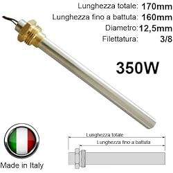 Bougie/résistance d'allumage pour poêle à pellets 350 W, 170 mm, 160 mm, diamètre de 12,5 mm, filetage 3/8 Pour Palazzetti Royal, Edilkamin.