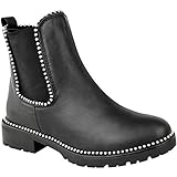 SCHNELLER VERSAND GARANTIERT Fashion Thirsty Damen Stiefeletten mit Flachem Absatz - Dicke Sohle - Perlen-Details - Schwarzes Kunstleder - EUR 38