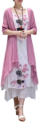 Women's Cotton Blend Vintage Casual Loose Maxi Flower Printed Dress Middle Sleeve Side Slit Irregular Hem Two Piece Suit (UK 14, Pink)