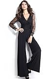 Gold Studs Cuffs TOUVIE Damen Jumpsuit Sexy V-Ausschnitt Lang Netz Ärmel Schwarz Elegant Weites Bein Overalls mit Verzierten Manschetten Schwarz Gr.38/40