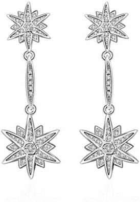 Wunhope Earrings Women Ladies Girls 925 Sterling Silver Two Hexagrams Stars Sparkling Zirconia long Zirconia Dangle Earrings