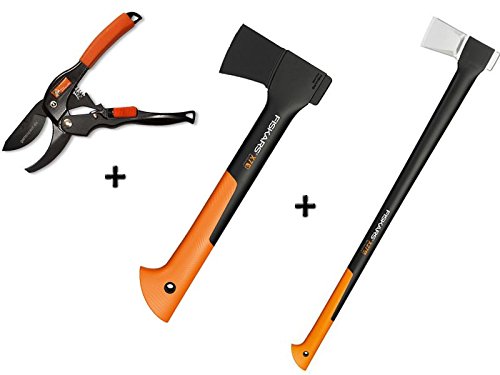 Preisvergleich Produktbild Gartenpaul Set: FISKARS Spaltaxt X27 - XXL + FISKARS Universalaxt X7 - XS + GARTENPAUL Gartenschere Amboss R1
