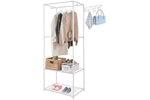 XJYMCOM Clothe Rail, Clothing Rack Heavy Duty for Bedroom Freestanding Garment Rack with Hanging Rails & 2-Tier Storage Shoe Shelves for Clothes Storage Organizer 148cm x 60cm x 35cm White