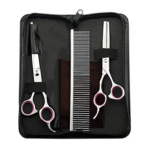 PetVogue Stainless Steel Pet Grooming Scissor Kit - 1 Straight Edge Hair Scissor, 1 Texturizing Thinning Shears and 1 Comb - Sharp & Strong Stainless Steel Blades, For Dogs & Cats, Safely Trims Claws & Body Fur