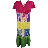Mogul Interior Womens Beach Dress Pink Tie Dye Cap Sleeves Hippie Summer Resort Sundress
