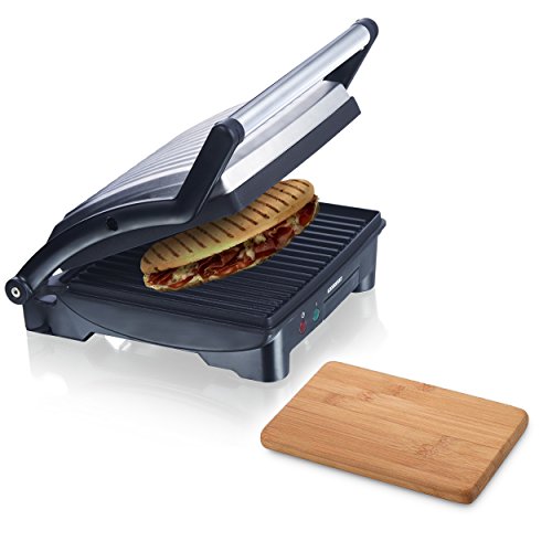 Melissa 3in1 Sandwich Maker 1500W aus Edelstahl Panini Grill antihaftbeschichtet Kontaktgrill inklusive Oramics Frühstücksbrett 22x14x0,8cm