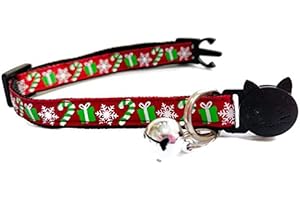 ZACAL Christmas Cat Collars with Bell. Quick Safety Release Breakaway Buckle. Handmade in the UK. Available in Cat & Kitten Size - Gifts, Snow flakes and Candy Sticks