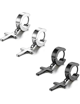 Flongo 4 Stückes Edelstahl Ohrstecker Ohrringe Silber Schwarz Runden Kreuz Anhänger Jahrgang Herren