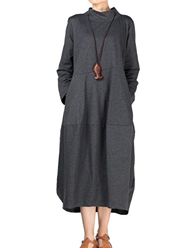 Vogstyle Femme Robe Manches Longues Col Montant Casuel Ample Pullover Longue Printemps/Automne Gris XL (L, Gris)