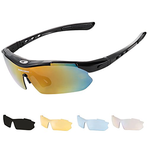 Sonnenbrille, Robesbon 5 in 1 Polarisiert Sportbrille / Fahrerbrille Verspiegelt mit 5 Brillengläser und Tasche für Herren und Damen, Geeignet für Fahrren und Sport wie Radsport, Schwarz