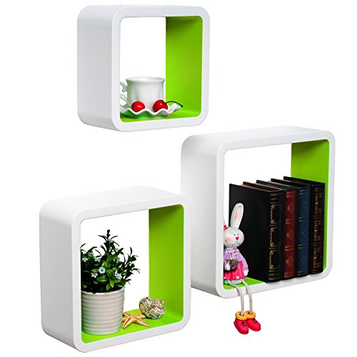 WOLTU RG9236gn Wandregal Schweberegale, 3er Set Lounge Cube Regal, Retro Bücherregal, MDF Holz, DIY zum Hängen, Weiß-gruen - 3
