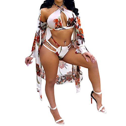 L@ily Costume da Bagno Donna Stampato a Maniche Lunghe Camicetta Protezione Solare + Costume da Bagno Diviso a Due Pezzi con Protezione Solare Set Bikini Bikini Estate,S