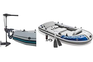 Intex Watersport's 12V Transom Mount Trolling Outboard Motor, Black, One Size & Water Sports Excursion 5 Inflatable Dinghy Man Boat with Aluminium Oars and Pump, Grey, 366 x 168 43 cms UK