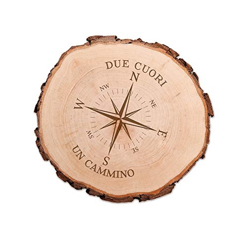 Casa Vivente Fetta di Tronco d'Albero in Puro Legno con Corteccia, Incisione per Coppie, Due Cuori Un Cammino, Motivo Bussola, Accessori Decorativi Casa