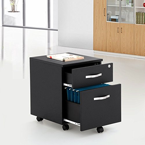 Songmics Abschließbar Rollcontainer Büroschrank mit 2 Schubladen 5 Kunststoffrollen unten schreibtisch Büromöbel schwarz 43,5 x 40 x 52,5 cm LCD25B - 3