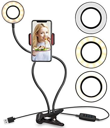 Cell Phone Holder with Selfie Ring Light for Live Stream,24 LED Desk Lamp,3-Light Mode,9-Level Brightness Clamp Holder for Youtube,Facebook,iphoneX/8/7/6