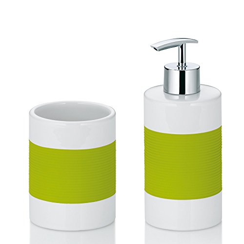 Kela 390158, 3-tlg. Badset, 1 Flüssig-Seifenspender/ 2 Becher, Keramik, Laletta, Grün