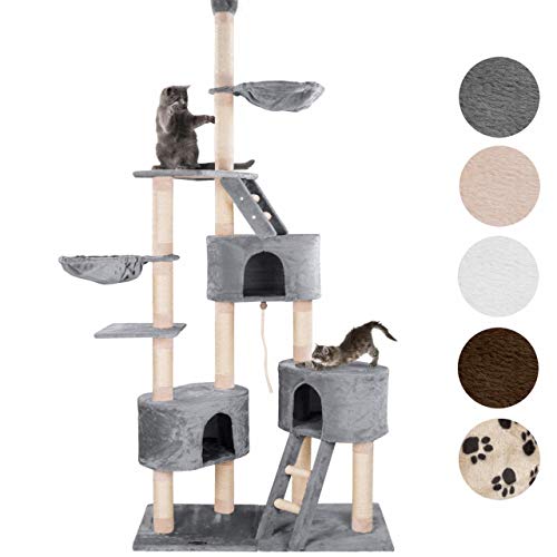 Happypet® Kratzbaum für Katzen deckenhoch CAT027-4 verstellbar 230-260 cm hoch, großer Kletterbaum Katzenbaum, Sisalstämme ca. 8 cm, Haus, Liegemulde, Treppe, Spielseil, Deckenspanner, GRAU