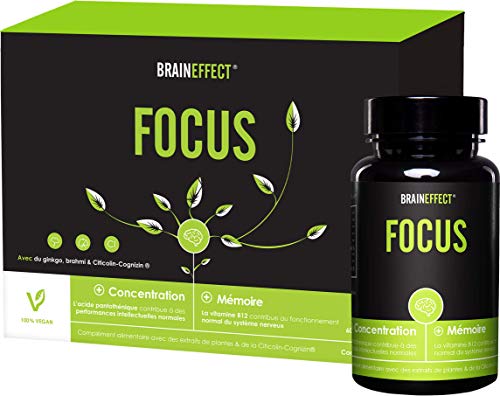 BRAINEFFECT FOCUS - Booster Naturel Pour Plus de Concentration et de Capacités de Mémorisation - 60 Capsules - Sans Caféine - Avec de la CDP-Choline - Végan - Sans sel de Magnésium