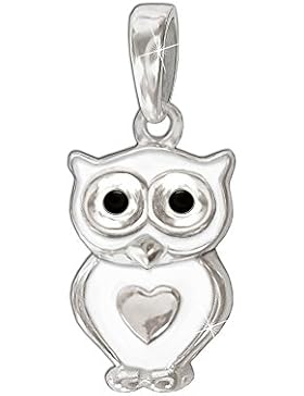 CLEVER SCHMUCK-SET Silberner kleiner Anhänger 12 mm Mini Eule weiß Augen schwarz lackiert mit Mini Herz glänzend...