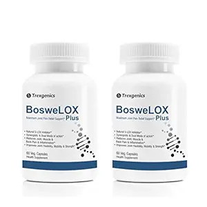 Trexgenics BOSWELOX PLUS Joint & Bone Dual Action with Boswellia Serrata 65% Boswellic acid 500mg + Cissus Quadrangularis (Hadjod) 5% Ketosterones 150 mg(60 Veg. Capsules) (Pack of 2)