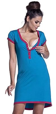 Zeta Ville Maternité Nuisette Grossesse Chemise de Nuit Allaitement Femme - 981c (Aqua & Framboise, EU 38/40, L)