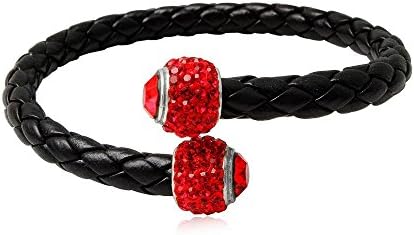 Black Leather Red Crystal and 925 Silver Bracelet CRY 8146 T Rouge - Blue Pearls