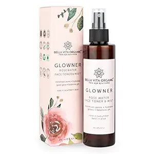 Bella Vita Organic Glowner Face Toner Face Mist, Alcohol free, Rose Water 200ml Pore Minimizing Tightening Natural Toner Spray for Glowing Skin - All Skin Types