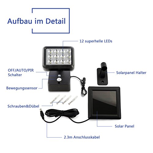 OUBO LED Solarleuchten mit Bewegungsmelder Solarlampe 12 LEDs 300 LM, 2 Modi, für Garten, Patio, Zaun, Hof, Balkon, Terrasse, Haus, Auffahrt Dämmerungsschalter IP44 Energiesparend schwarz - 2