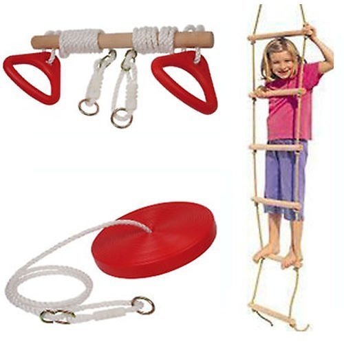 SET Of Rope Ladder, Wooden Trapeze Swing & Red Plate Seat Outdoor Garden Toy SET Of Rope Ladder, Wooden Trapeze Swing & Red Plate Seat Outdoor Garden Toy