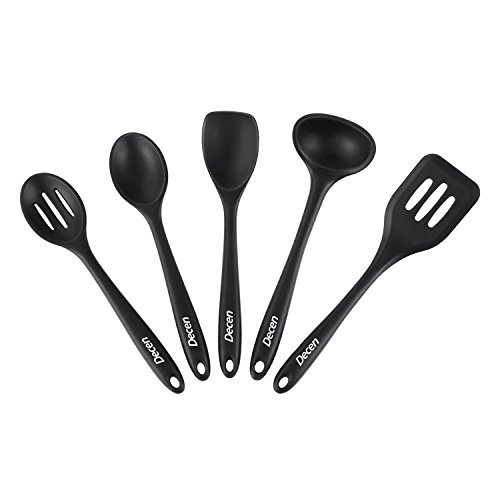 Decen Küchenutensilien Set, Silikon Dreher, Suppenkelle, Schlitzlöffel, Spachtel und Löffel, Schwarz